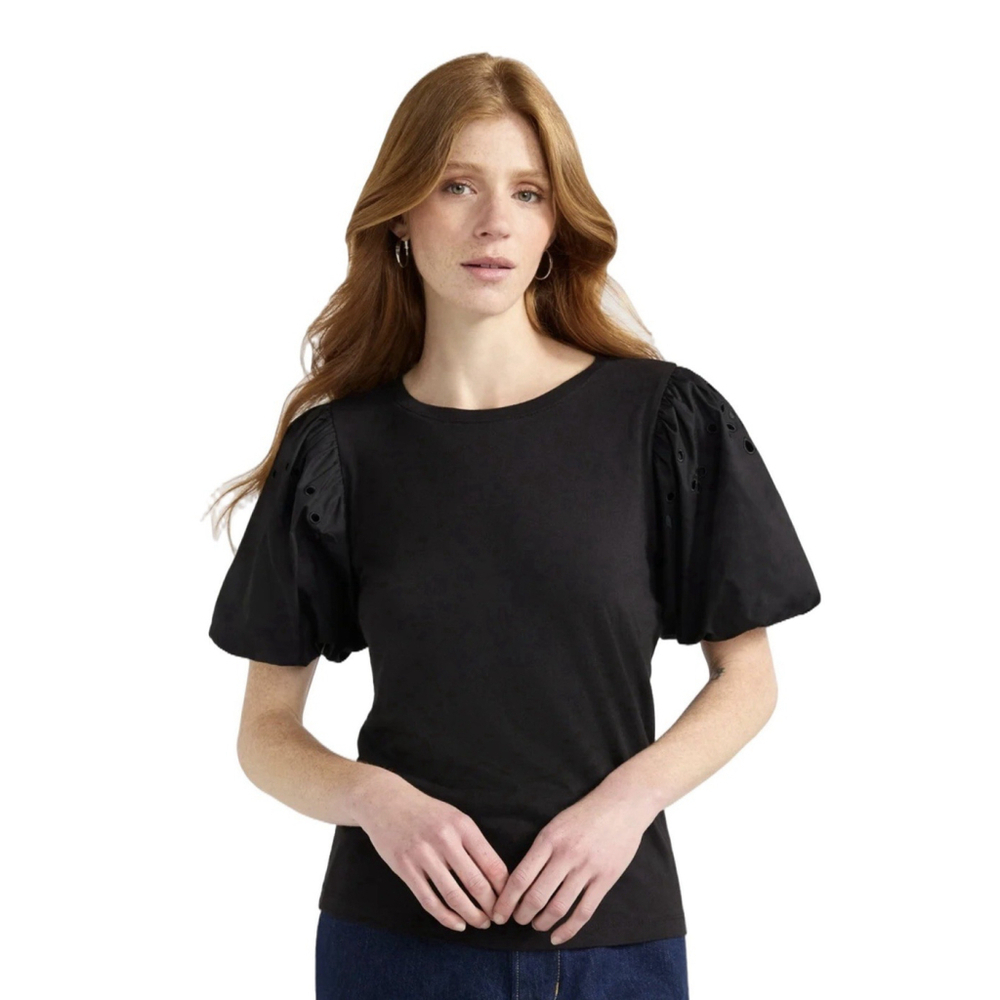 Free Assembly Eyelet Lace Puff Sleeve Top Plus Sz XXL Black Boho Peasant Preppy